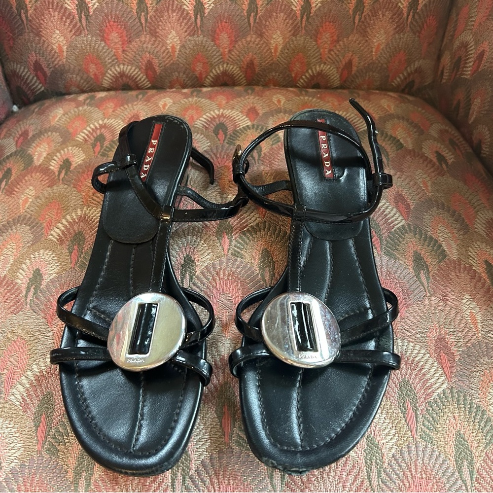 Prada Black Leather Strappy Sandals with Silver Disc Detail - Picture 2 of 6